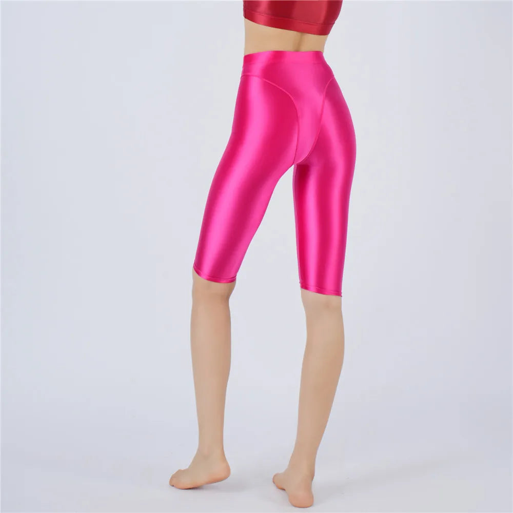 Oil Glossy High-Stretch Knee-Length Shorts Satin Shine Performance Biker Shorts