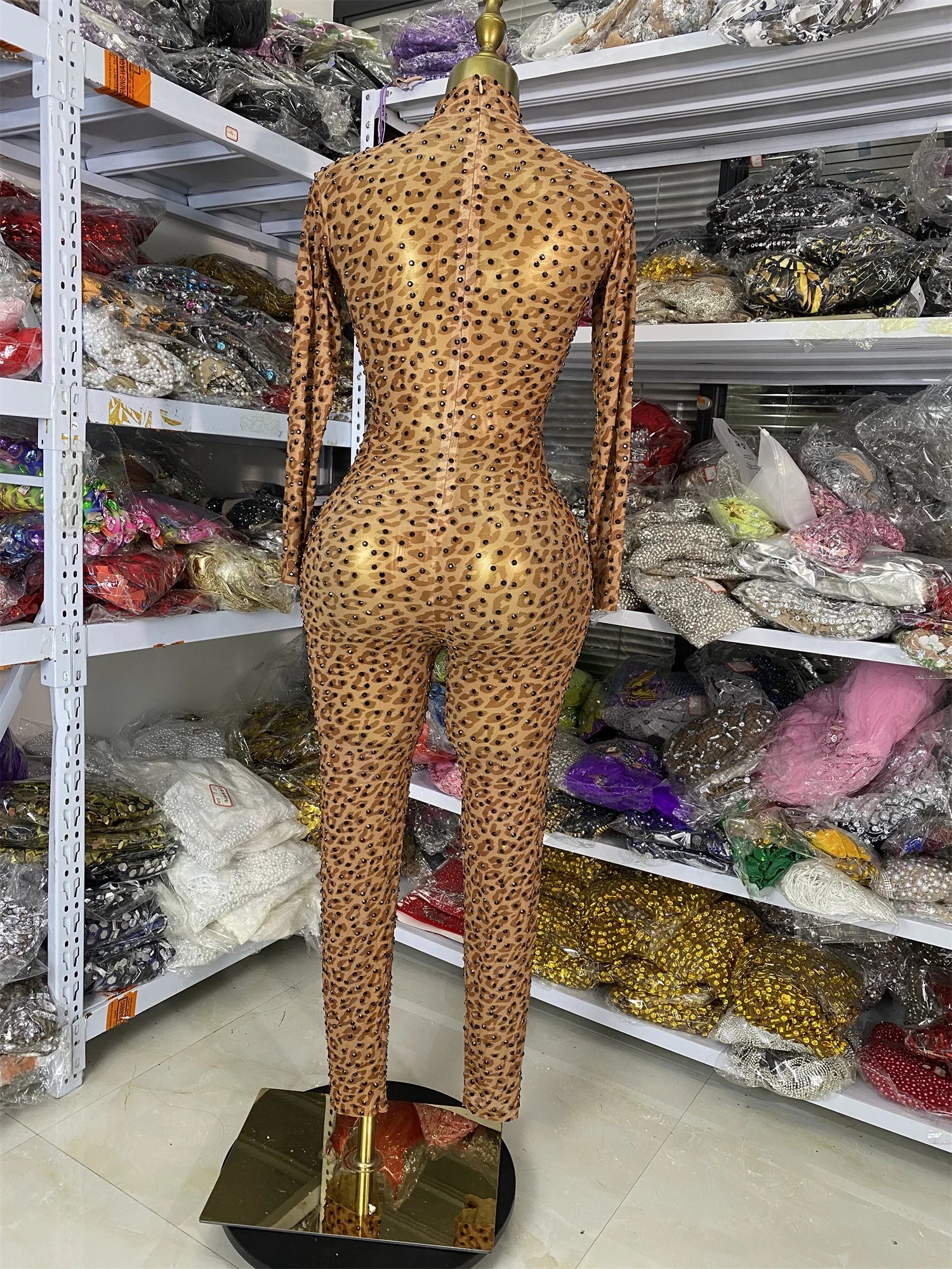 Leopard Print Rhinestone Catsuit Long Sleeve Stage Performance Jumpsuit