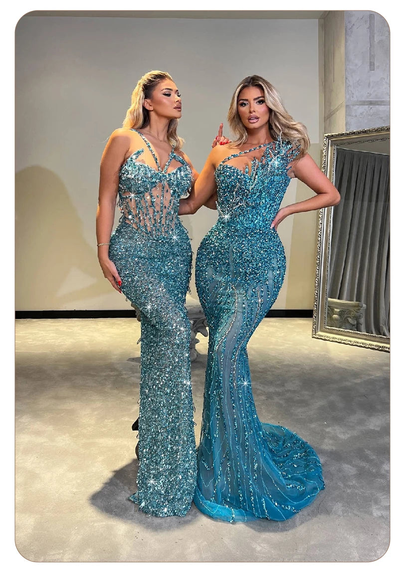 Cyan Sequin & Crystal Cross-Strap Gown