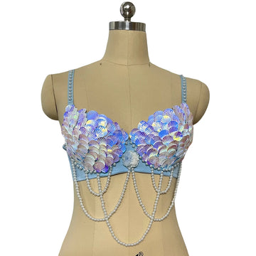 Handmade Mermaid Sequin Pearl Shell Belly Dance Bra Festival Rave Top