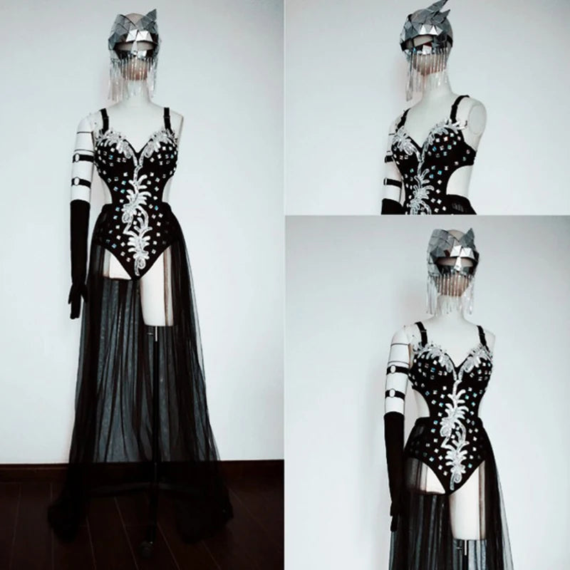 Silver Mirror Sequin Bodysuit & Dramatic Train Skirt Gogo Stage Costume Set