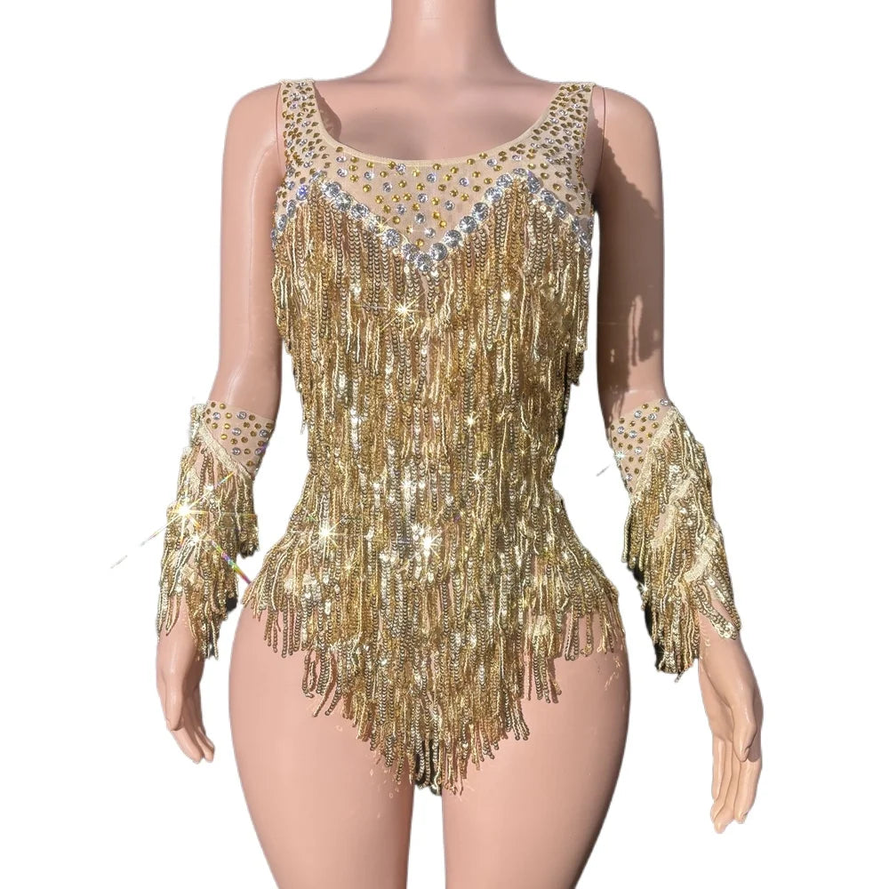 Gold Sparkly Rhinestone, Sequin & Tassel Bodysuit Stage Performance Costume