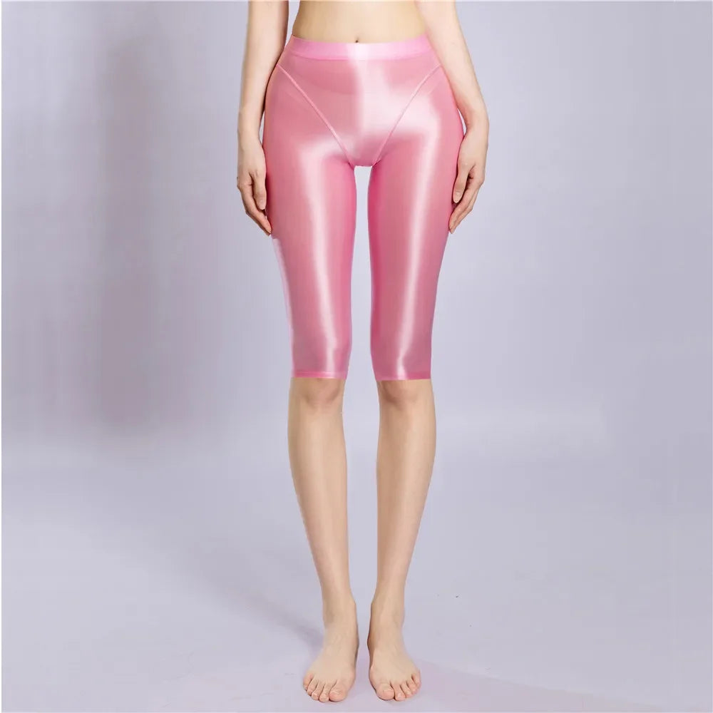 Women Shaping Short Stain Smooth Oil Glossy Shiny Elastic Shorts Sheer See Through Casual Plus Size Tight Yoga Short Maid Pant