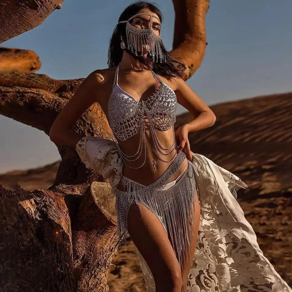 Rhinestone Chain Bra And Thong Set