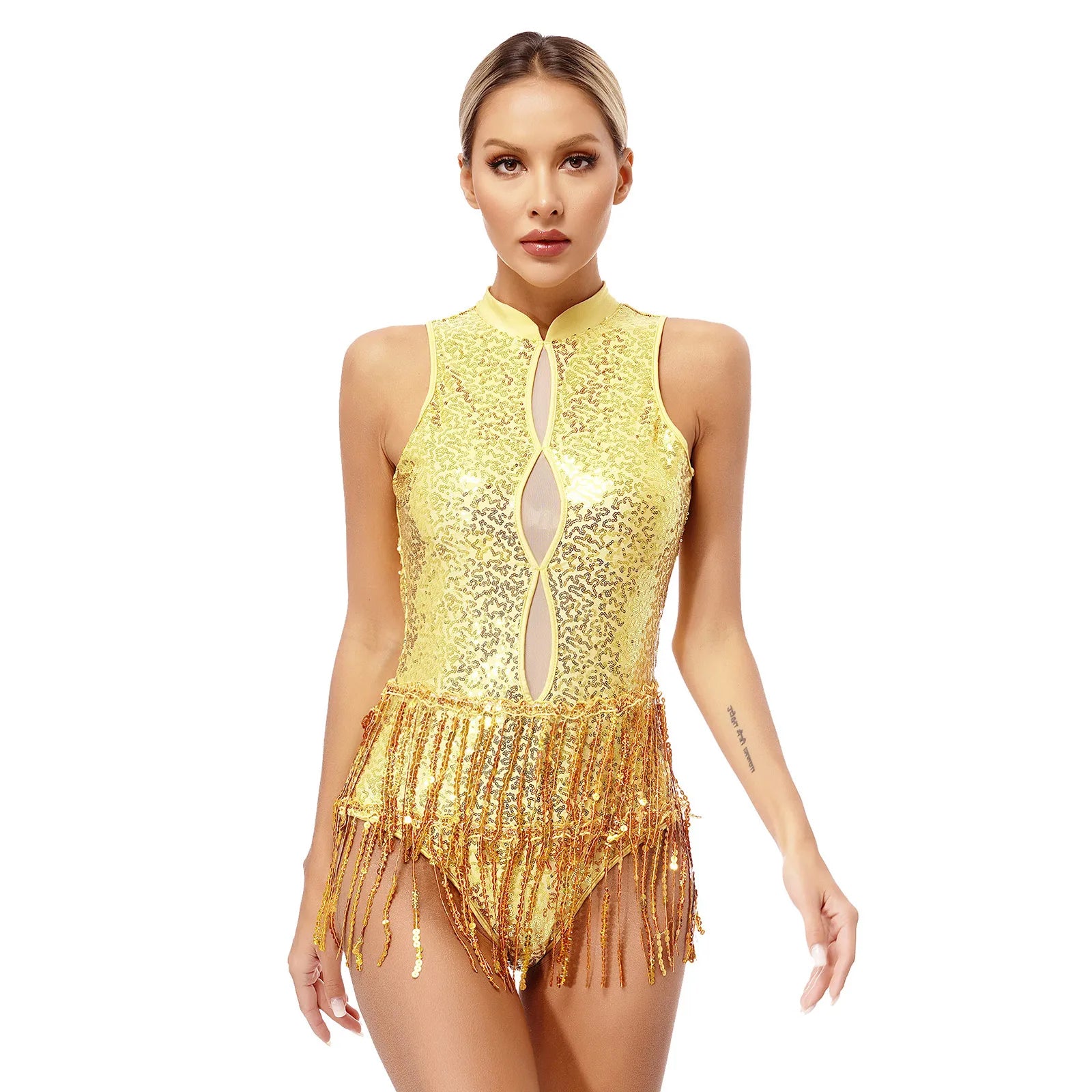 Glitter Sequin Fringe Latin Dance Leotard & Backless Performance Bodysuit