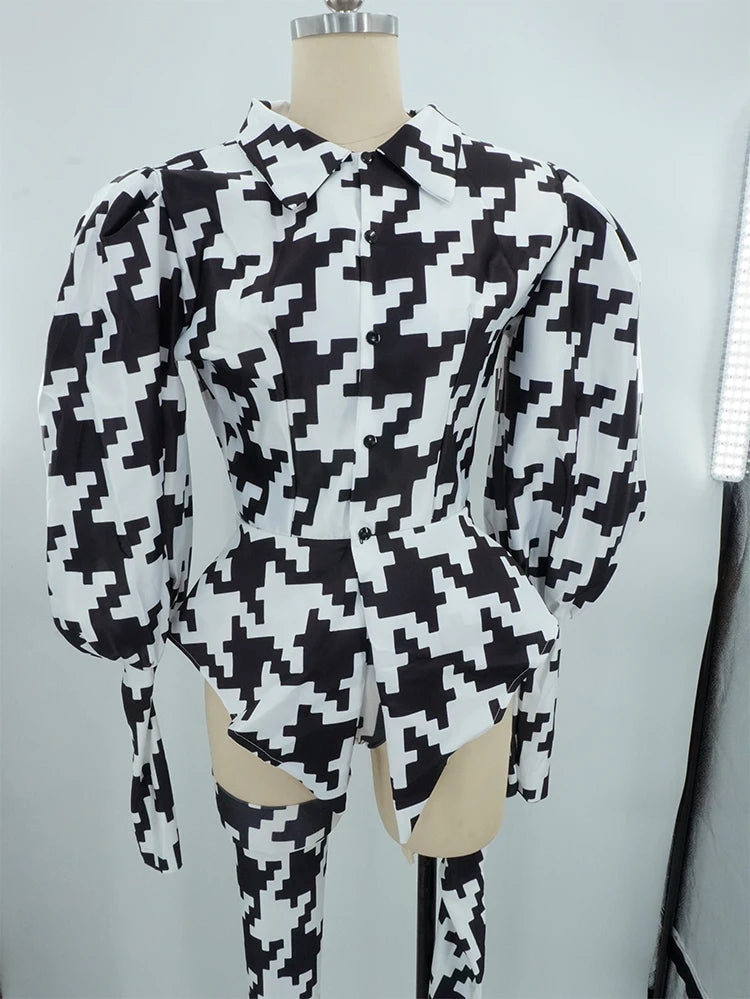 Houndstooth Geometric Print Bodysuit, Over-Knee Boots & Statement Hat 3-Piece Stage Costume Set