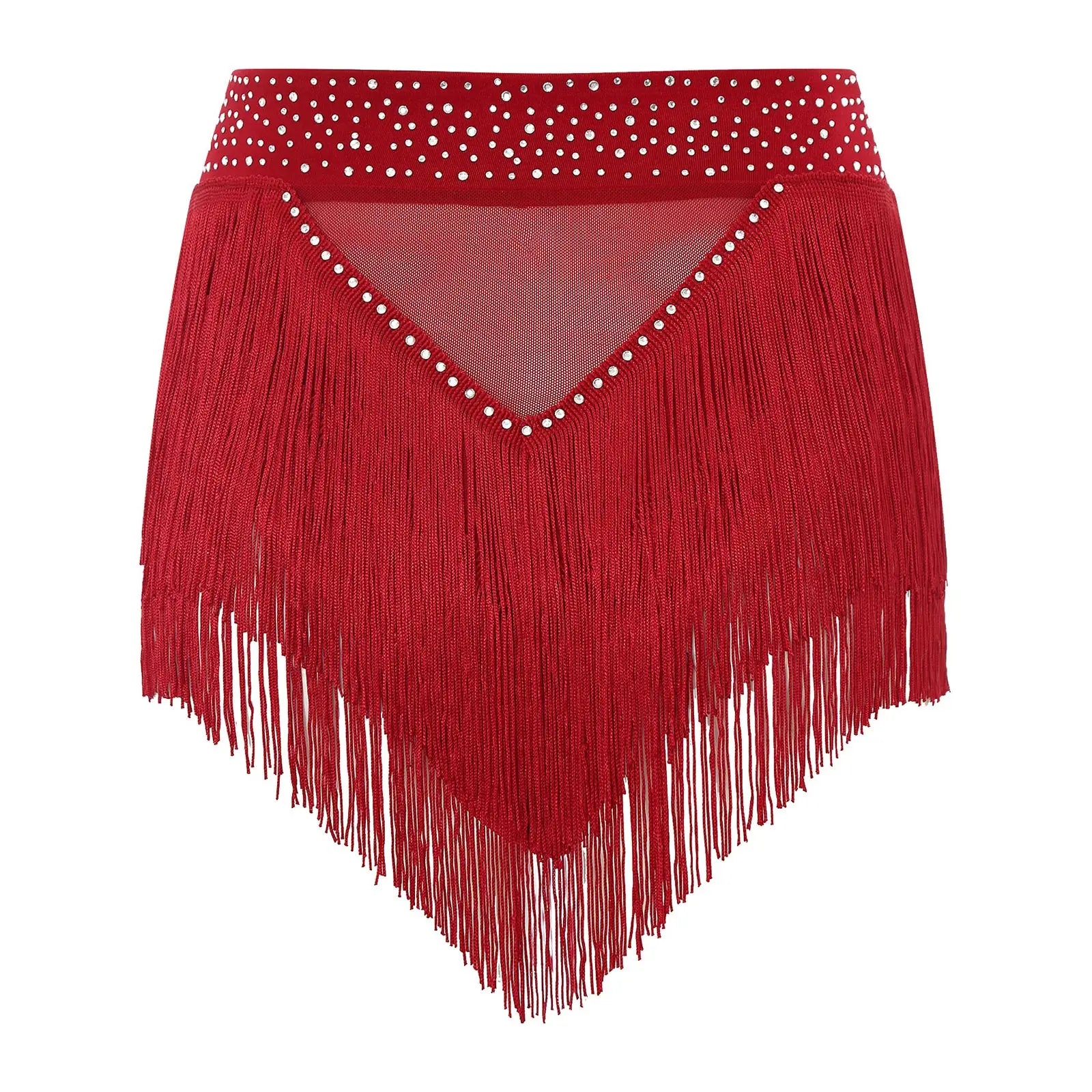 Rhinestone Tassel High-Waist Dance Shorts & Sheer Mesh Fringe Skirt