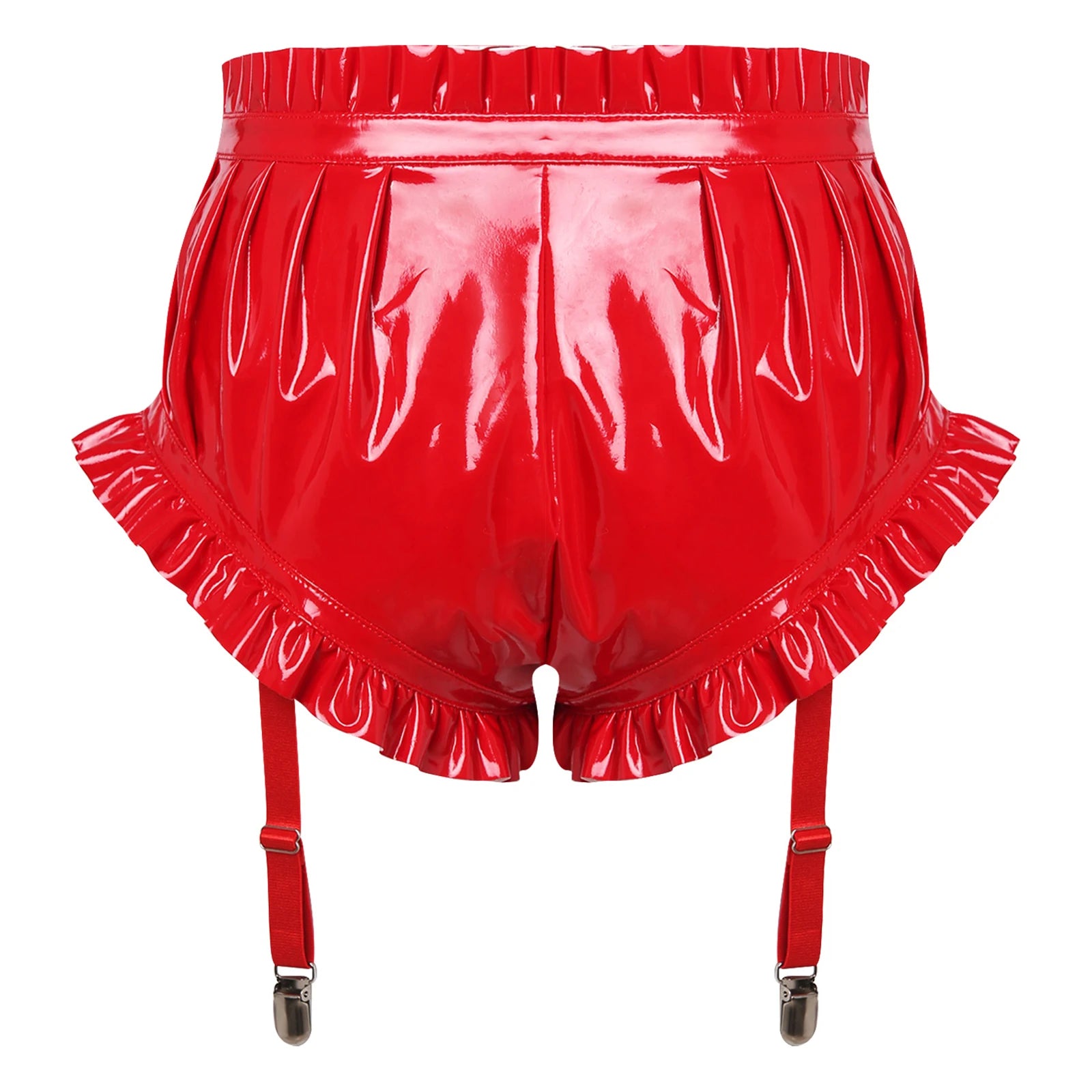 Wet-Look PU Leather Ruffled Bloomer Shorts Attached Garter Clips Briefs