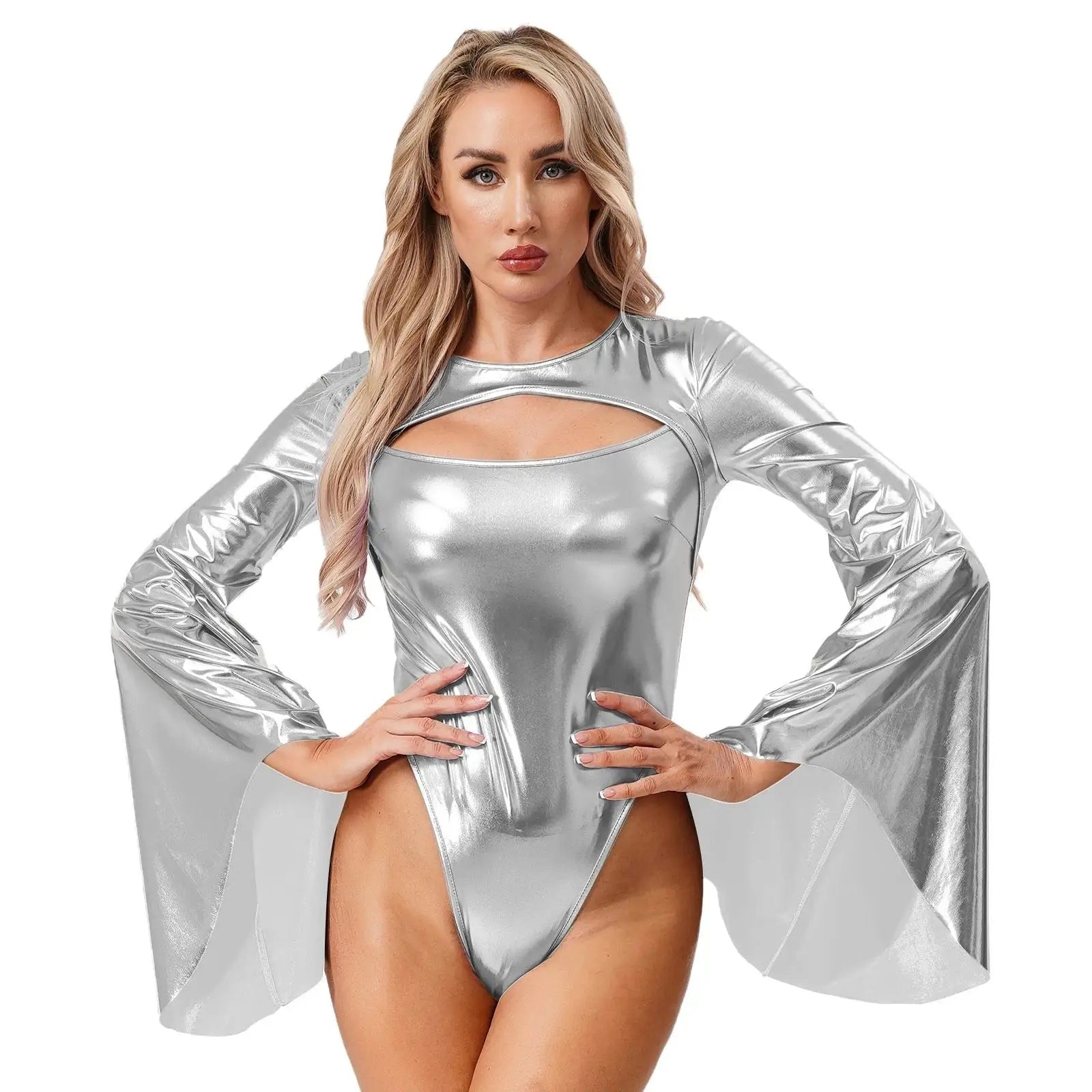 Metallic Flared Sleeve Cutout Disco Bodysuit & Metallic Rave Leotard