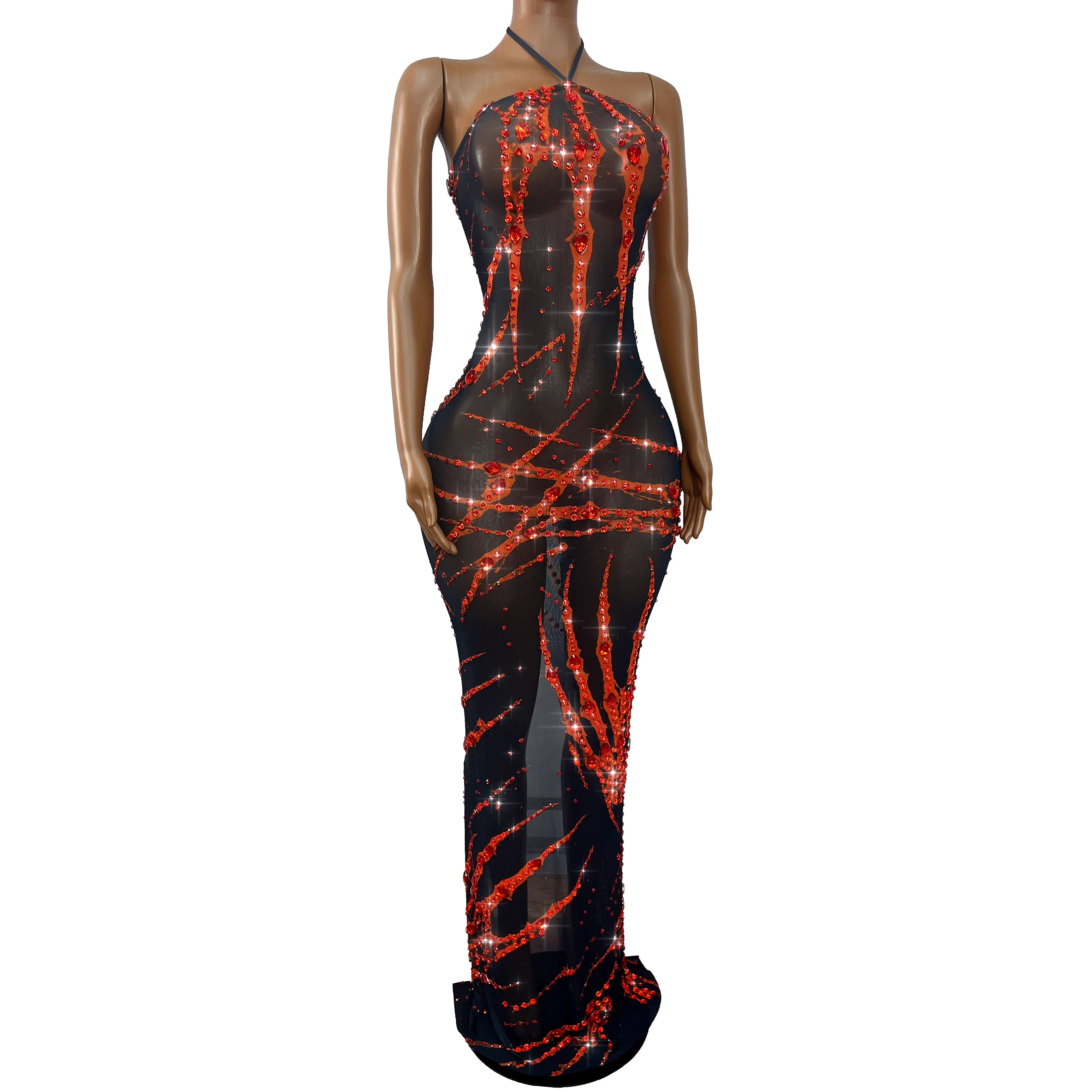 Crimson & Black Graphic Rhinestone Halter Maxi Gown Backless Illusion Evening Dress