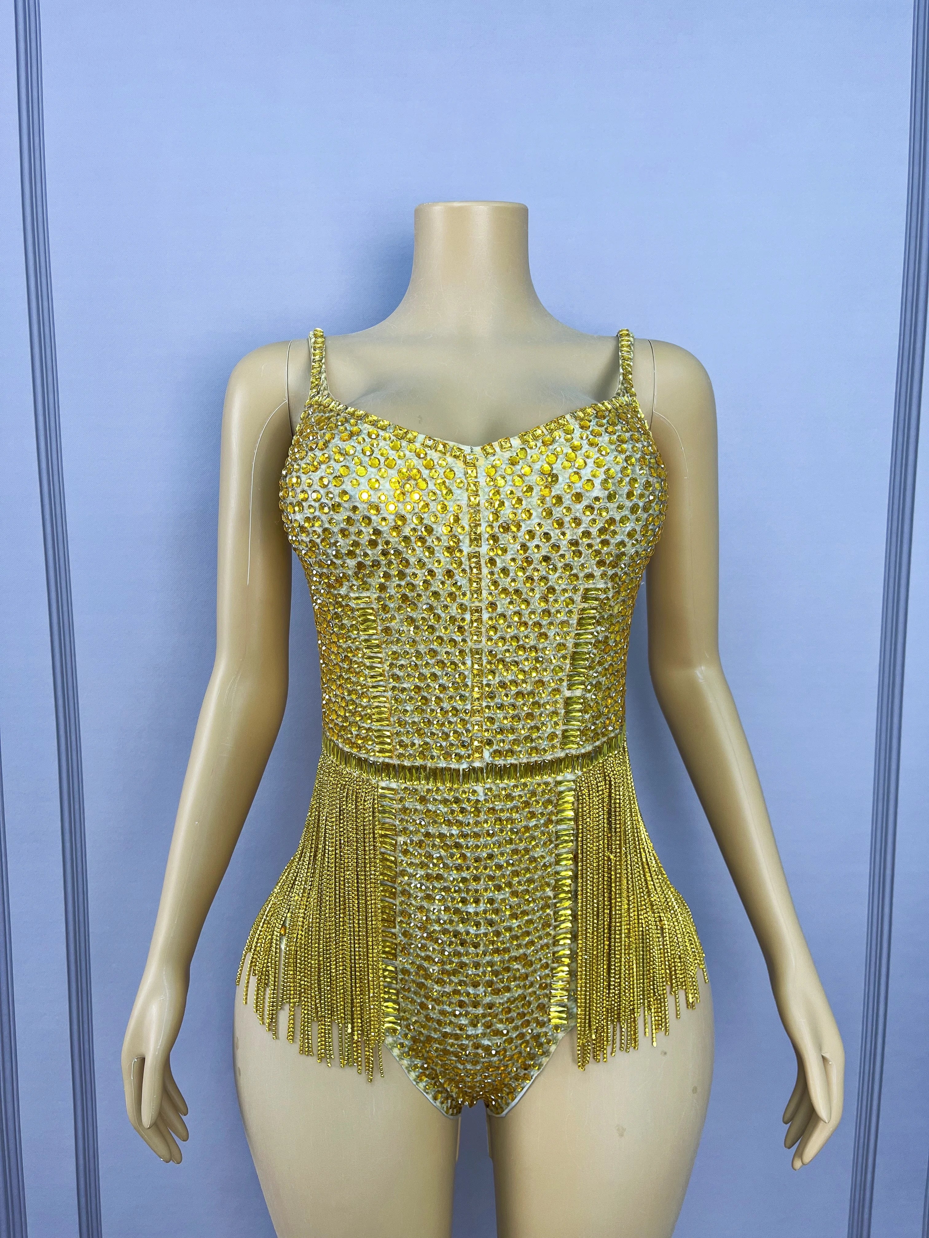 Gold Crystal Rhinestone Chain High-Cut Stage Performance Bodysuit Leotard