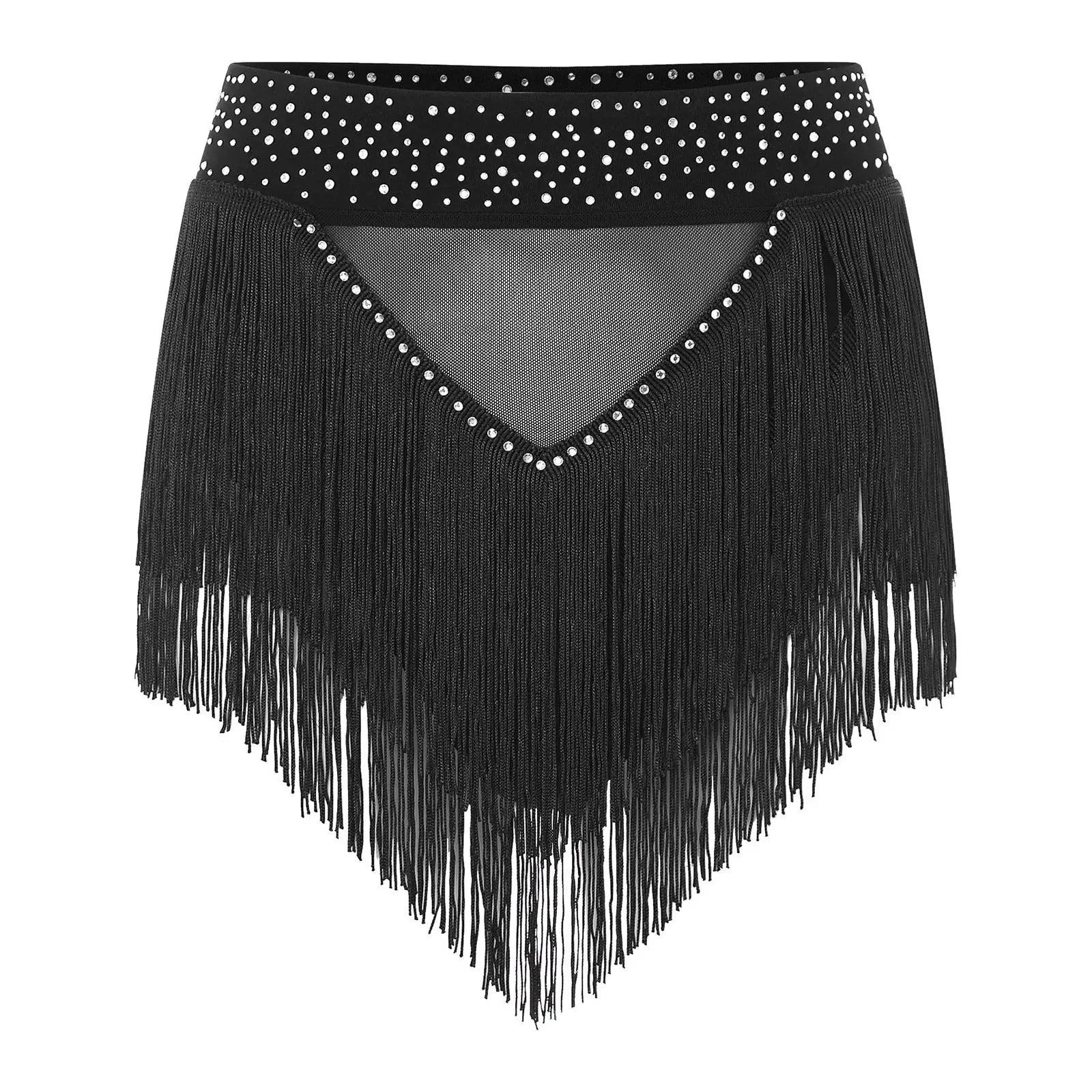 Rhinestone Tassel High-Waist Dance Shorts & Sheer Mesh Fringe Skirt