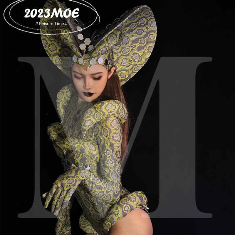 Cobra Serpent Rhinestone Bodysuit & Sculpted Cobra Hood Headdress Stage Costume Set