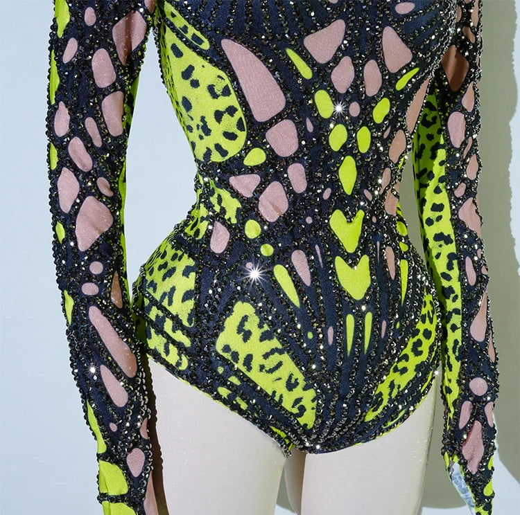 Futuristic Cyber Armor Rhinestone Bodysuit Mock Neck Sleeveless Stage Dance Costume