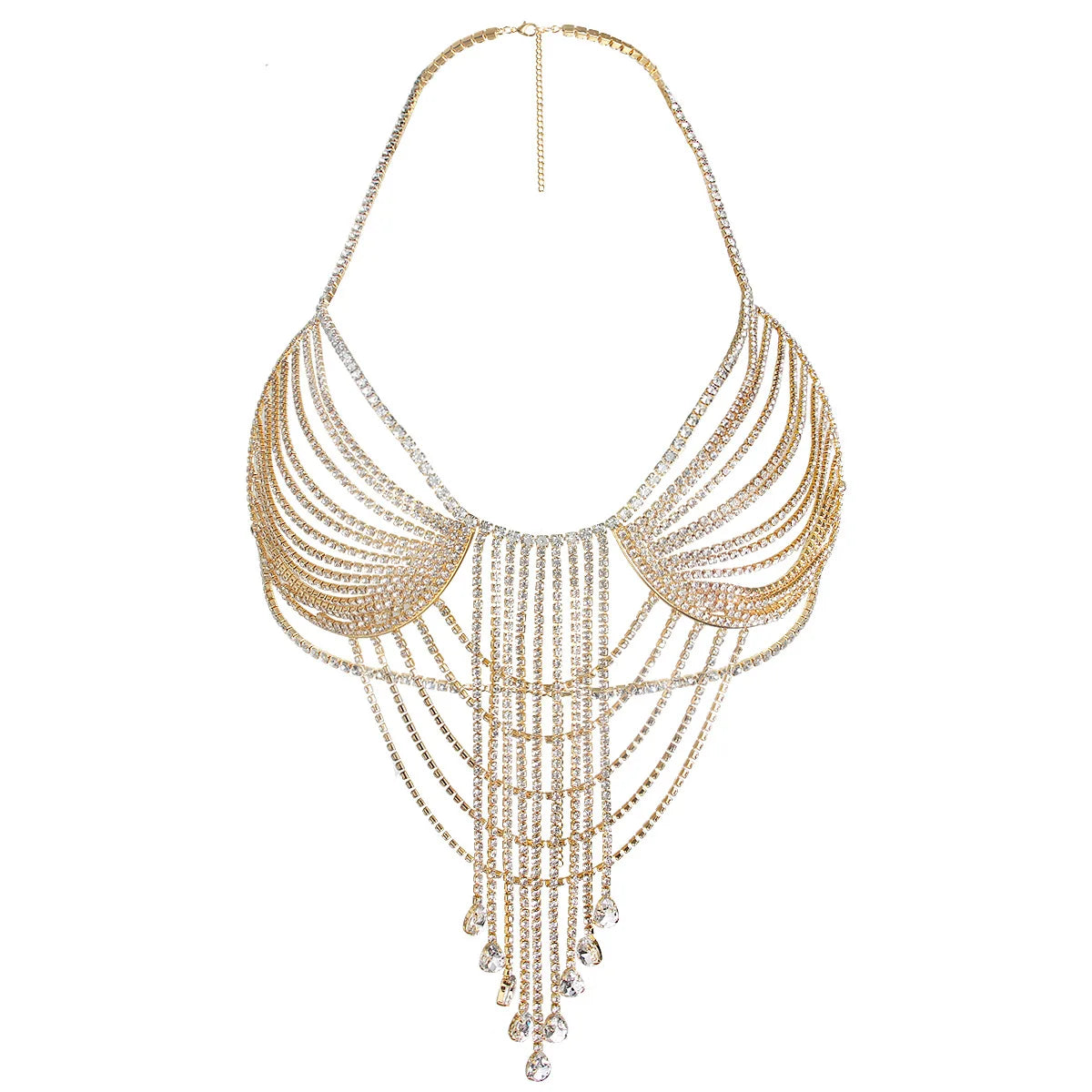 Layered Teardrop Rhinestone Tassel Chest Chain