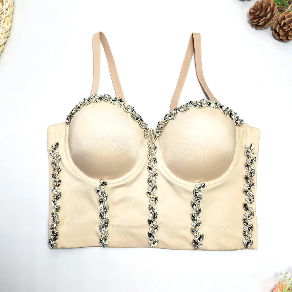 Crystal Chain Strap Bustier Corset Crop Top Hook-and-Eye Stage Bralette