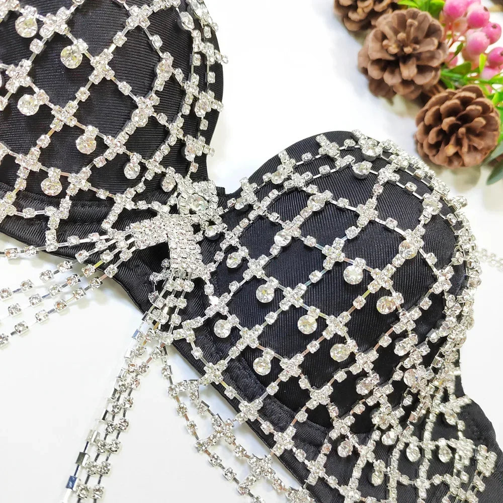 Sparkly Rhinestone Draping Chain Corset Top Showgirl Stage Performance Bustier