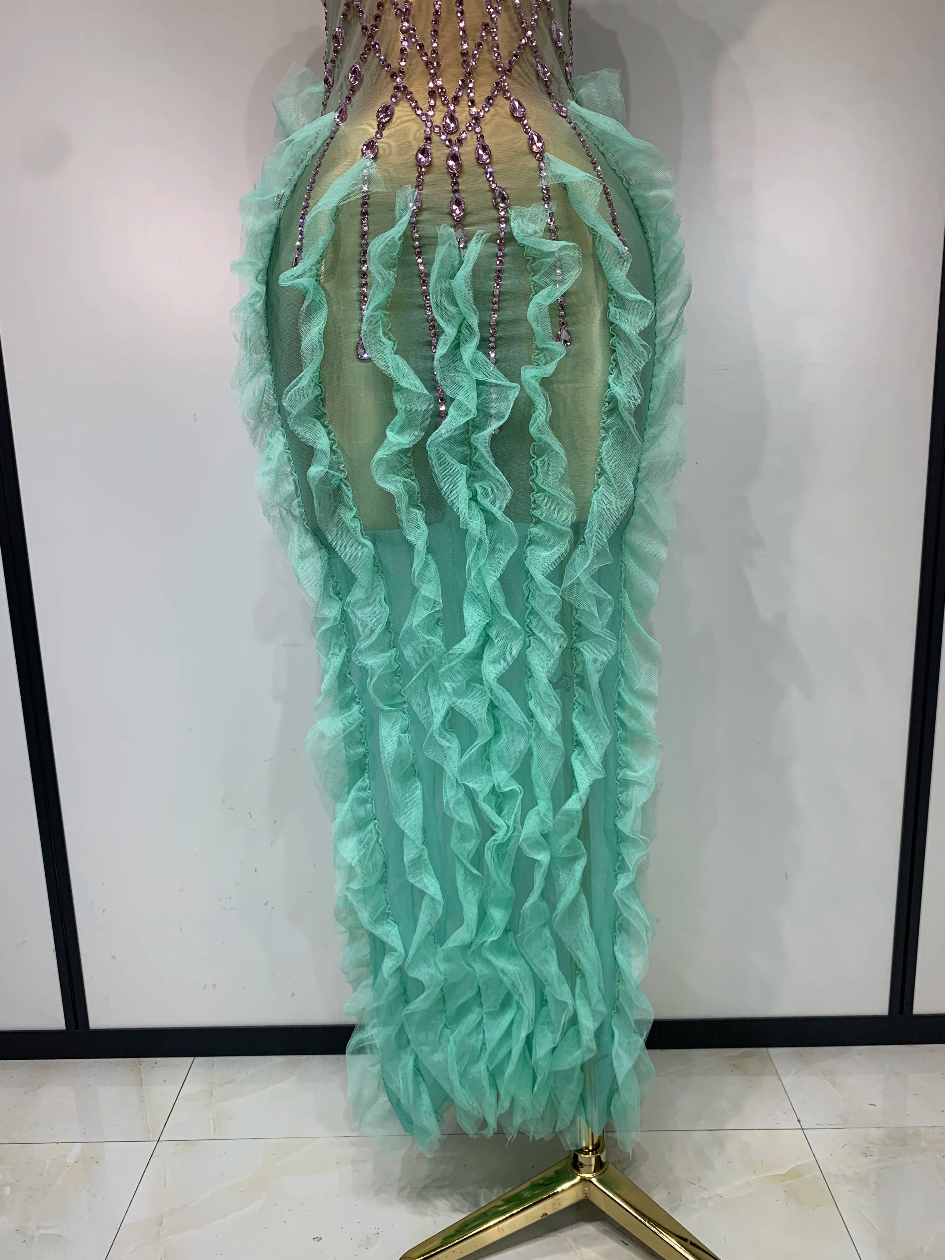 Mint Green Ombré Rhinestone Illusion Gown Tiered Ruffle Hem Maxi Stage Dress