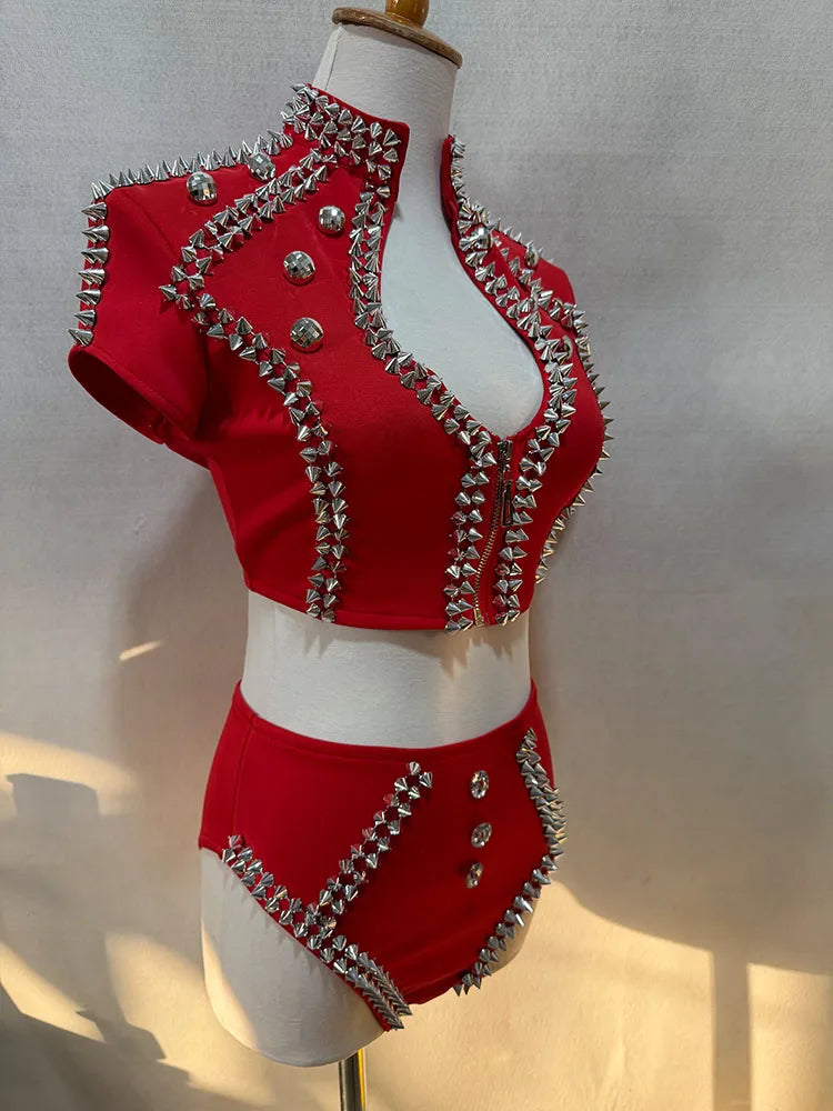 Sparkly Red Rhinestone Top & Shorts Set Gogo Showgirl Performance Outfit