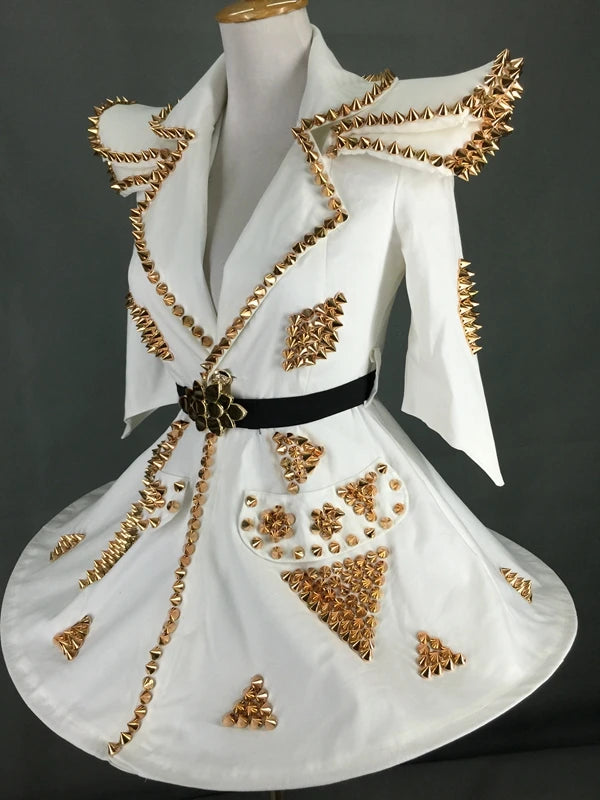 White Faux Leather Studded Stage Dress & Fluffy Skirt Pop Singer Costume Set
