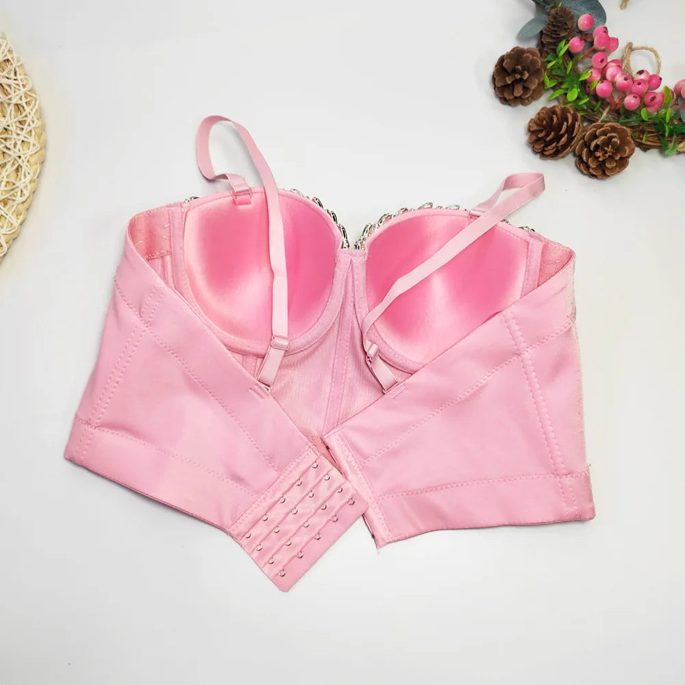 Crystal Chain Strap Bustier Corset Crop Top Hook-and-Eye Stage Bralette