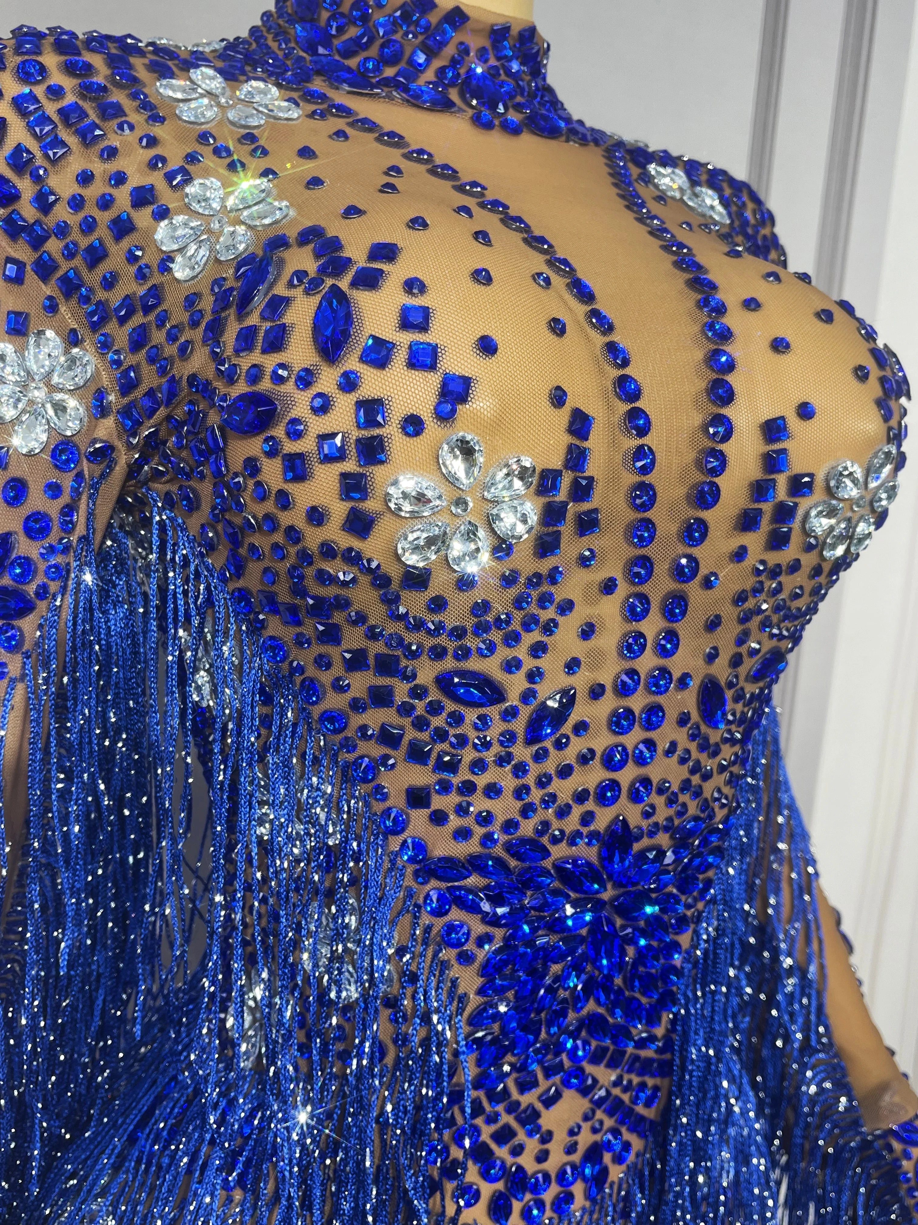 Sparkly Rhinestone Tassel High-Cut Stage Performance Bodysuit Dance Leotard
