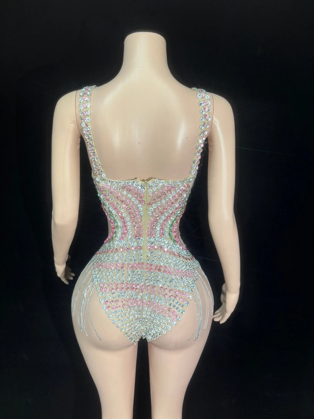 Sparkly Silver Rhinestone Tassel High-Cut Stage Bodysuit Dance Performance Leotard
