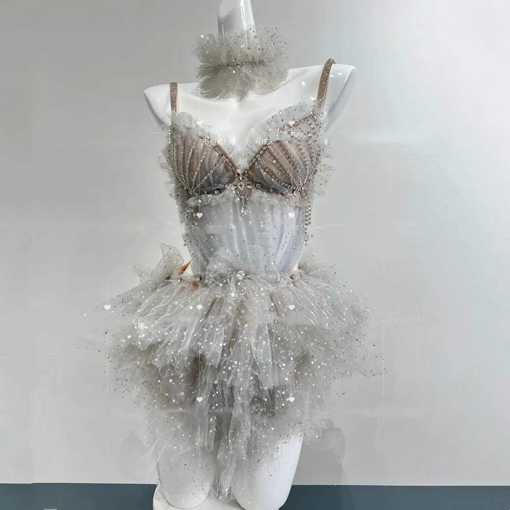 Sexy Nightclub Women Performance Stage Costume Shiny Rhinestones Mesh Bikini Bodysuit Dancer Pole Dancing Party Rave Outfit