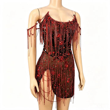 Red Party Diamond Chains Strapless Dress Women Evening Celebrate Red Carpet Catwalk Cocktail Dress Singer Concert Stage Costume