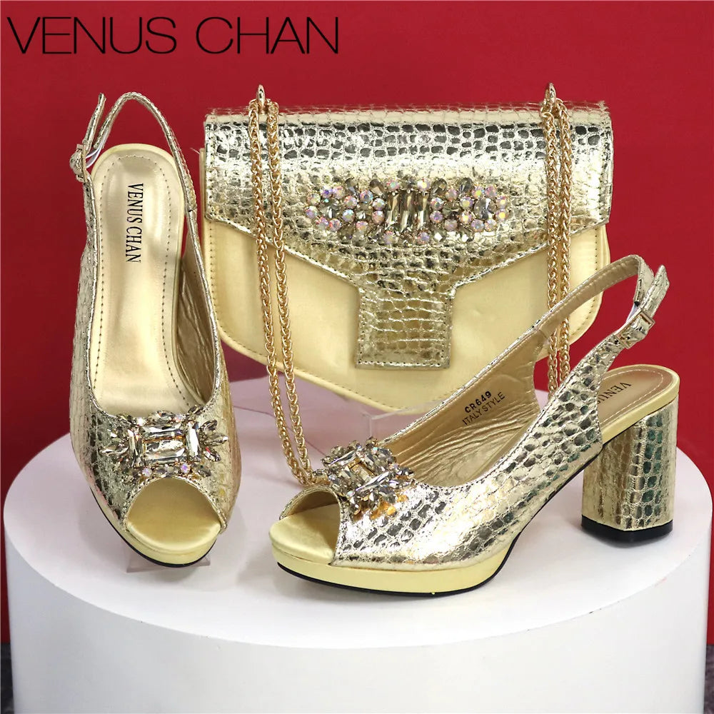 Open Toe Women Heels Shoes And Bag Set