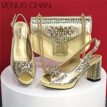 Open Toe Women Heels Shoes And Bag Set