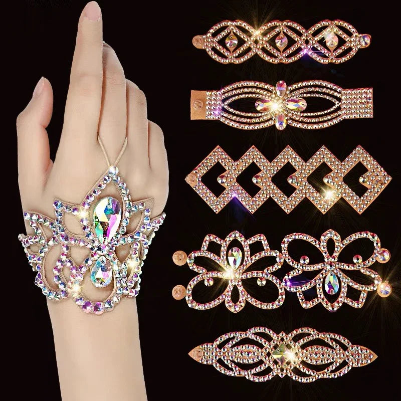 Dazzling Crystal Belly Dance Cuff Bracelet & Ring Hand Harness Jewelry
