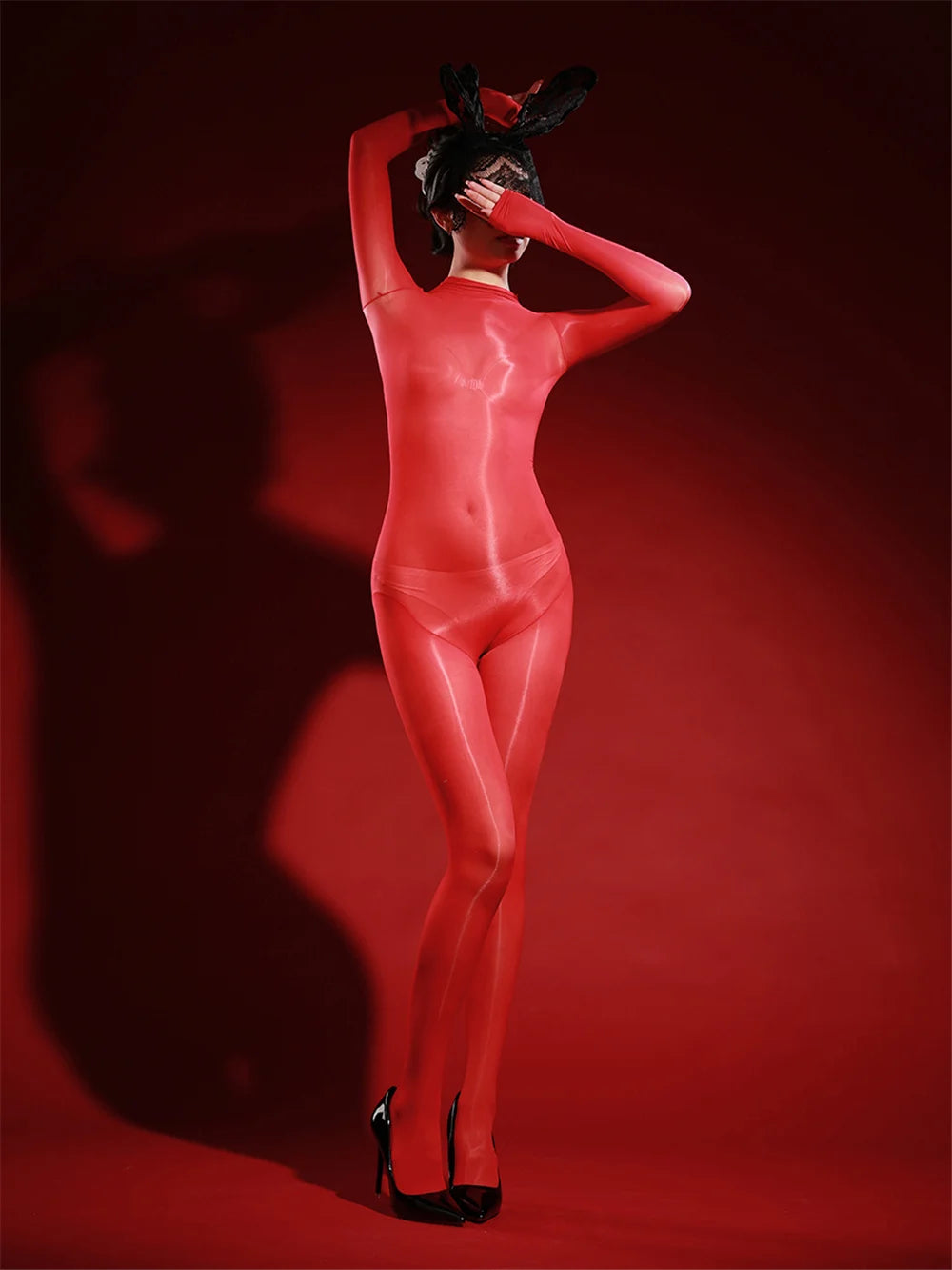 Oil Glossy High-Stretch Sheer Full-Length Bodysuit Thong Catsuit Jumpsuit
