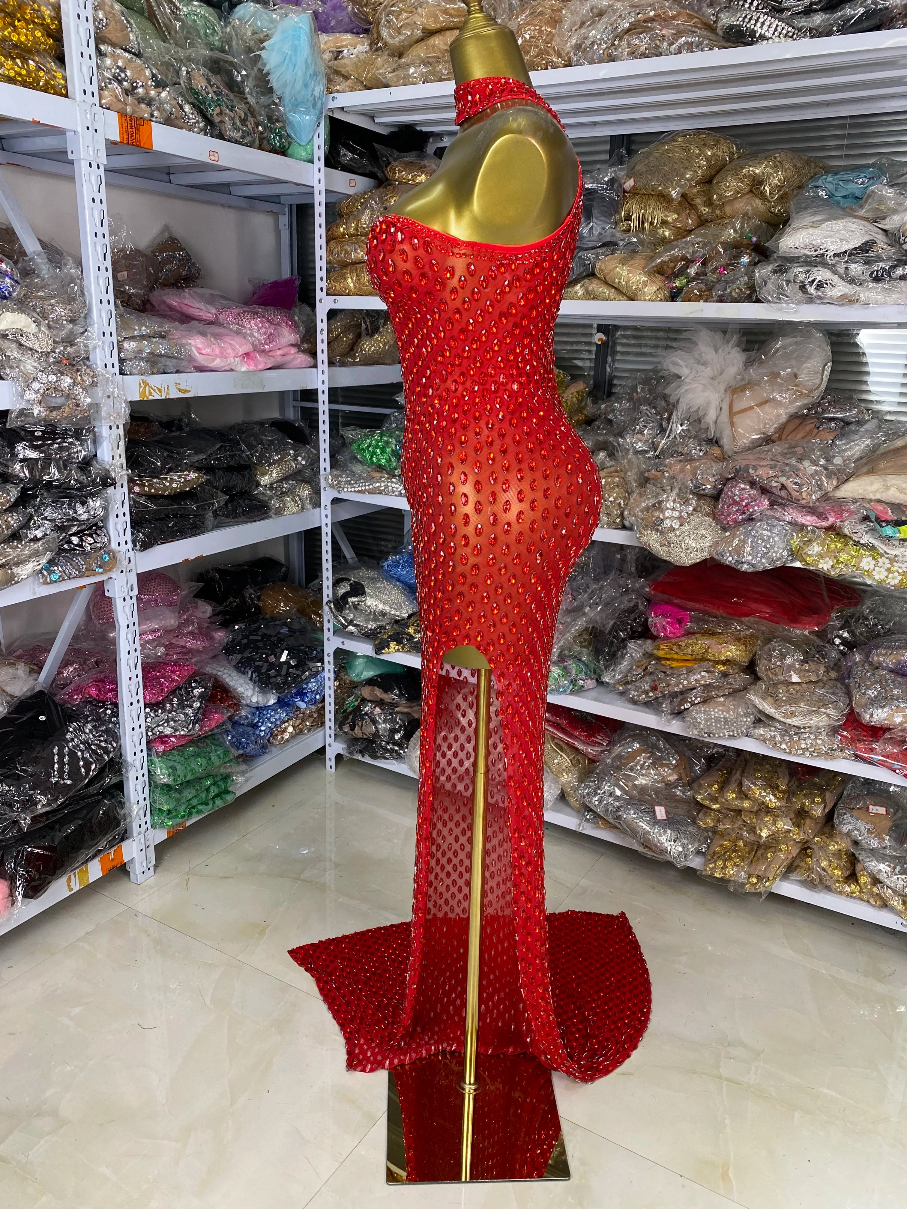 Crimson Red Rhinestone Sweetheart Slit Gown Floor-Length Trailing Evening Dress