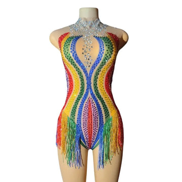 Rainbow Stripe Rhinestone Fringe Bodysuit Colorful Crystal Stage Dance Leotard