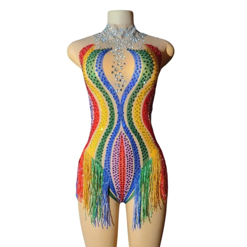 Rainbow Stripe Rhinestone Fringe Bodysuit Colorful Crystal Stage Dance Leotard