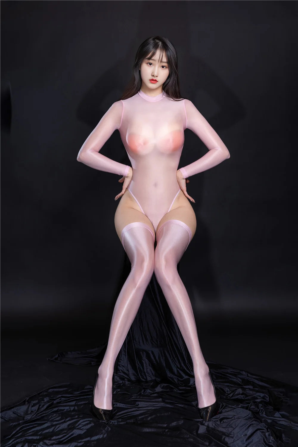 Oil Glossy High-Cut Open Crotch Shaping Bodysuit & Matching Stockings Set