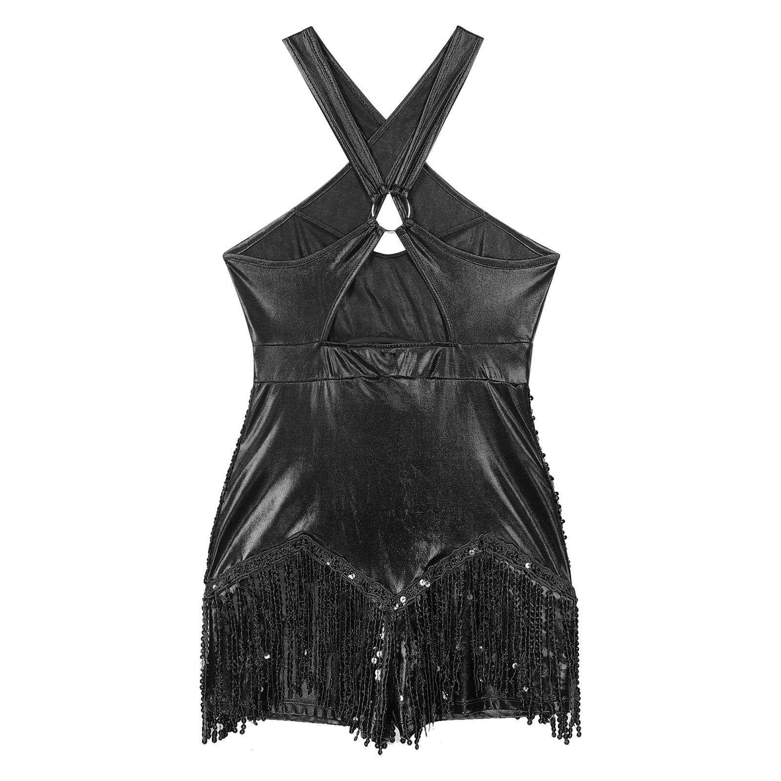 Sequined Fringe Cross-Front Latin Dance Leotard Costume Dress