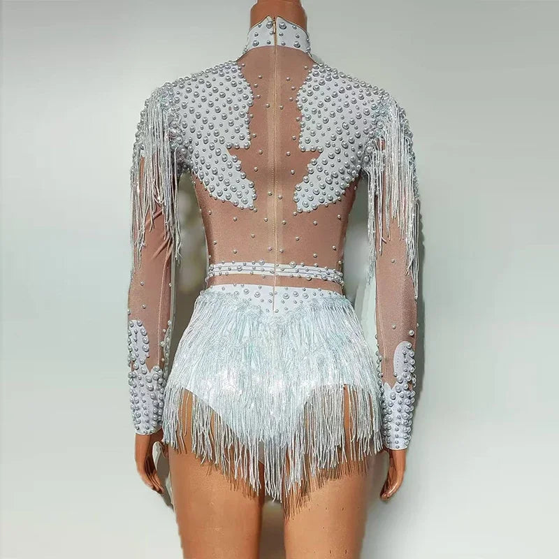 Pearl Tassel Long-Sleeve Performance Bodysuit