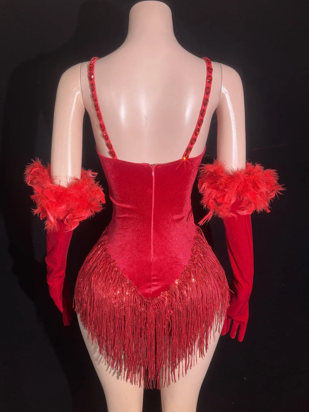 Sparkly Rhinestone & Sequin Tassel Bodysuit with Feathers & Gloves Costume Set