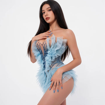 Vintage-Inspired Sparkly Rhinestone Sheer Blue Geometric Pattern Tube Short Dress