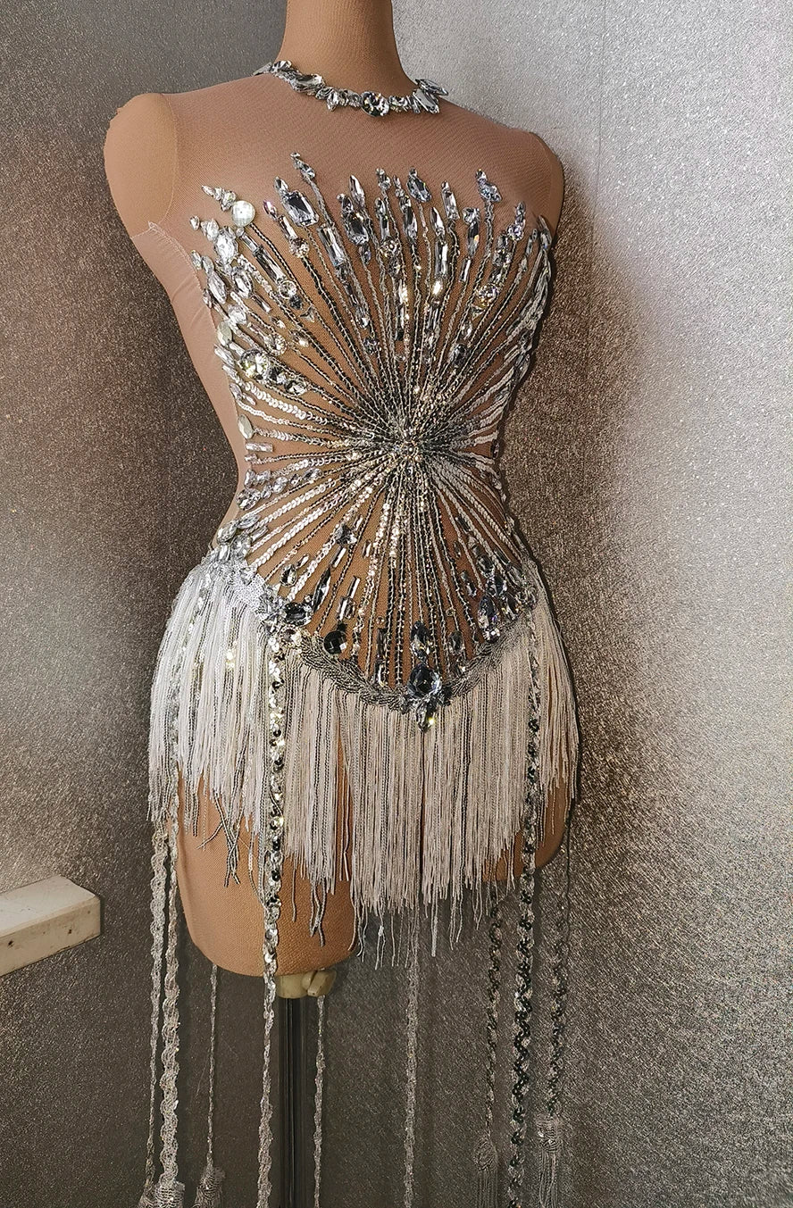 Sparkly Silver Rhinestone & Long Tassel Fringe Leotard Stage Performance Costume