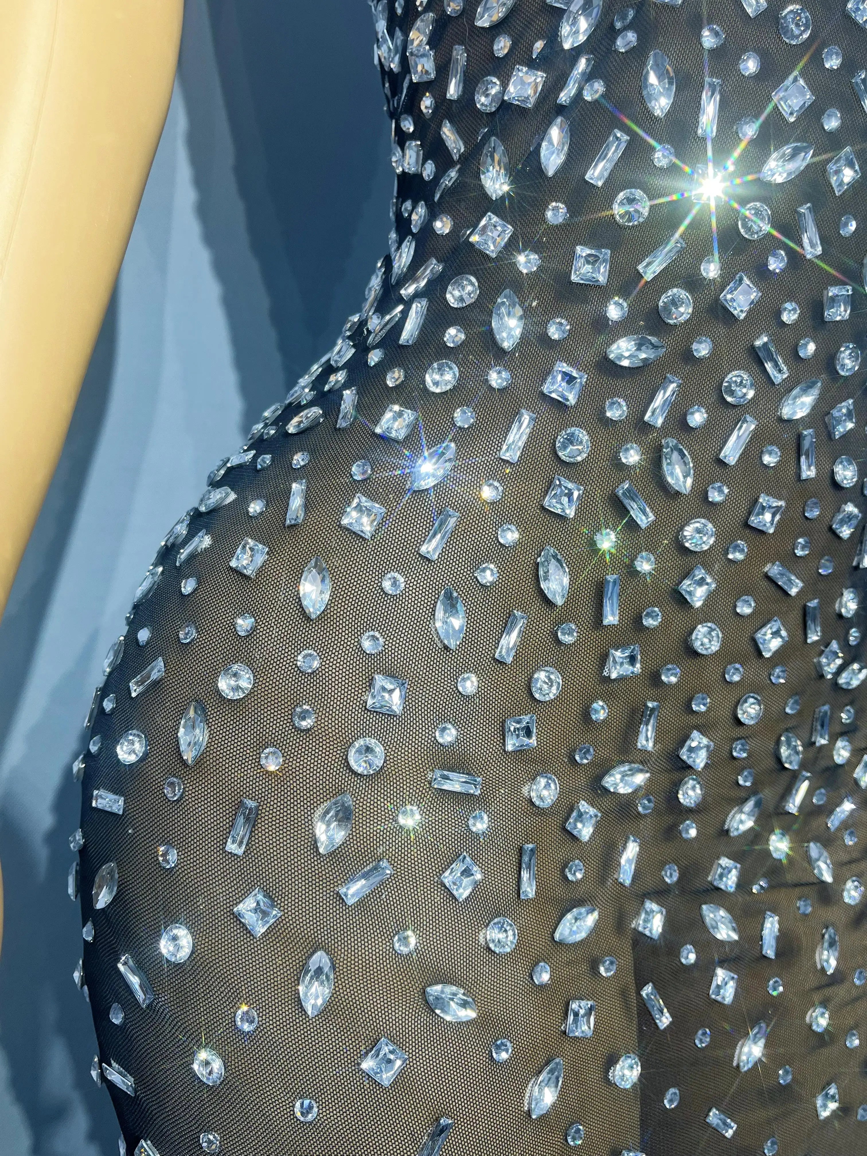 Silver Rhinestone Sheer Mesh Tube Evening Gown Stage Ball Dress