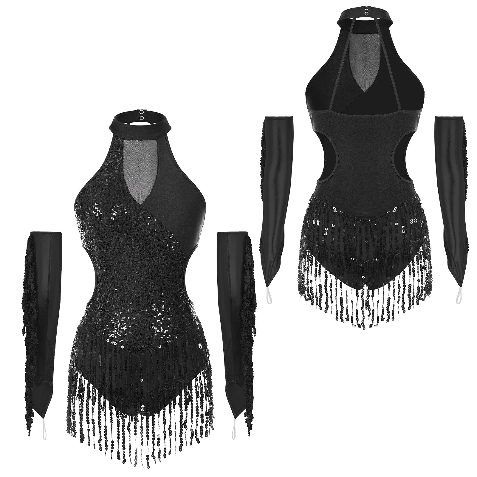 Sequined Fringe Latin Dance & Figure Skating Jumpsuit Leotard Set with Mesh Gloves