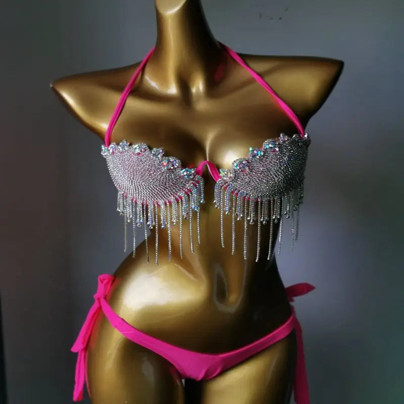 3-Piece Crystal Harness & Sheer Costume Set – Luxury Rhinestone Crop Top, Skirt & Wrap Set for Festivals, Raves & Stage Outfits