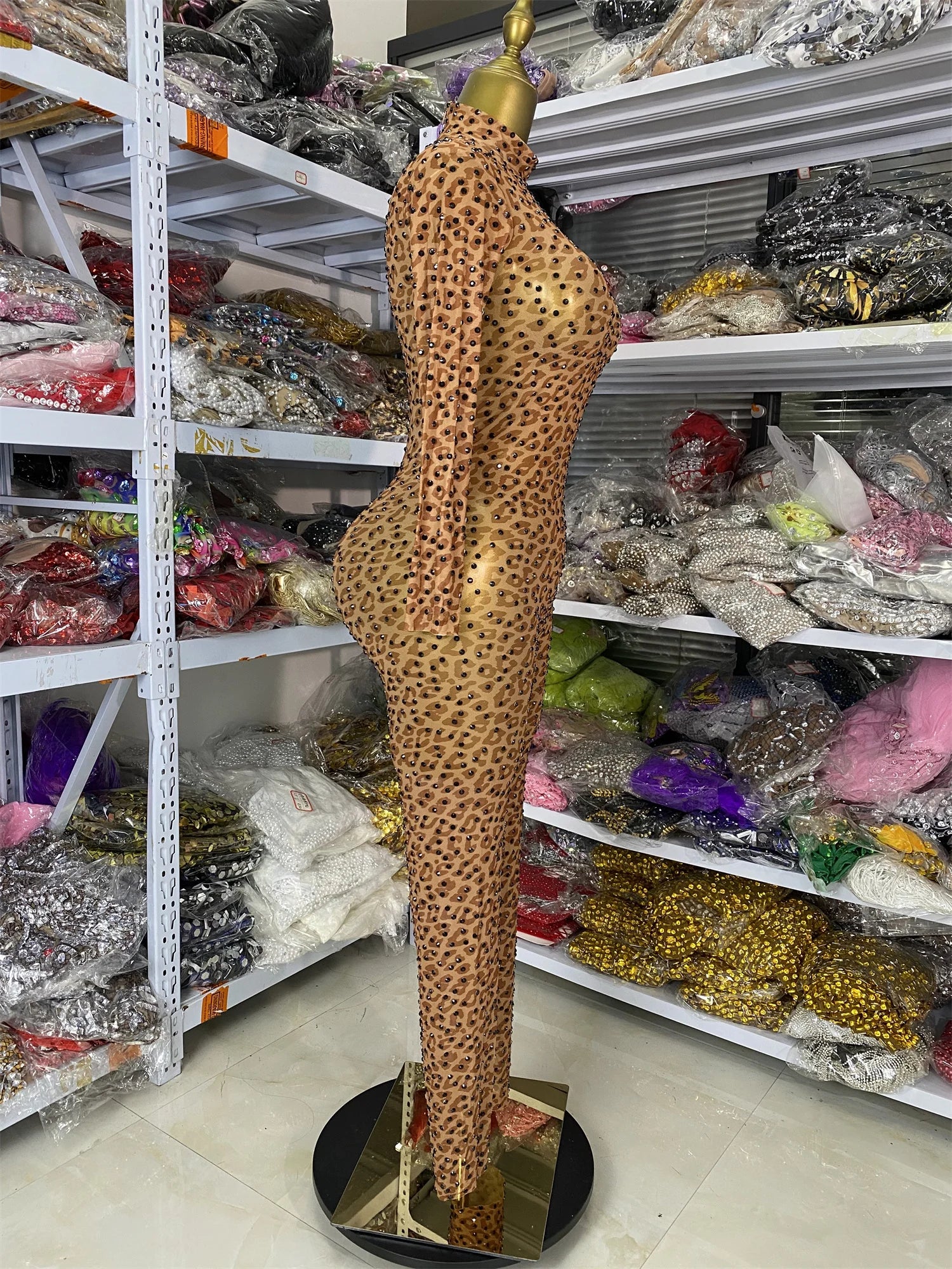 Leopard Print Rhinestone Catsuit Long Sleeve Stage Performance Jumpsuit