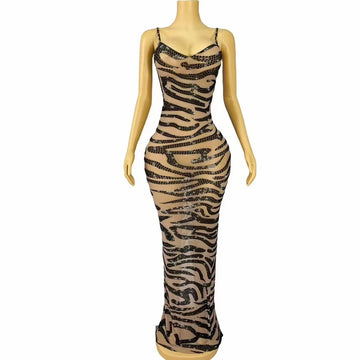 Women's Leopard Print Rhinestone Suspender Mesh Long Dress | Sparkly Stage Gown for Red Carpet & Party