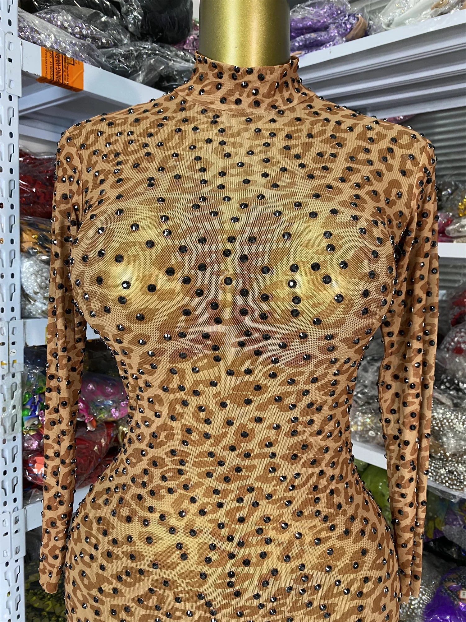 Leopard Print Rhinestone Catsuit Long Sleeve Stage Performance Jumpsuit