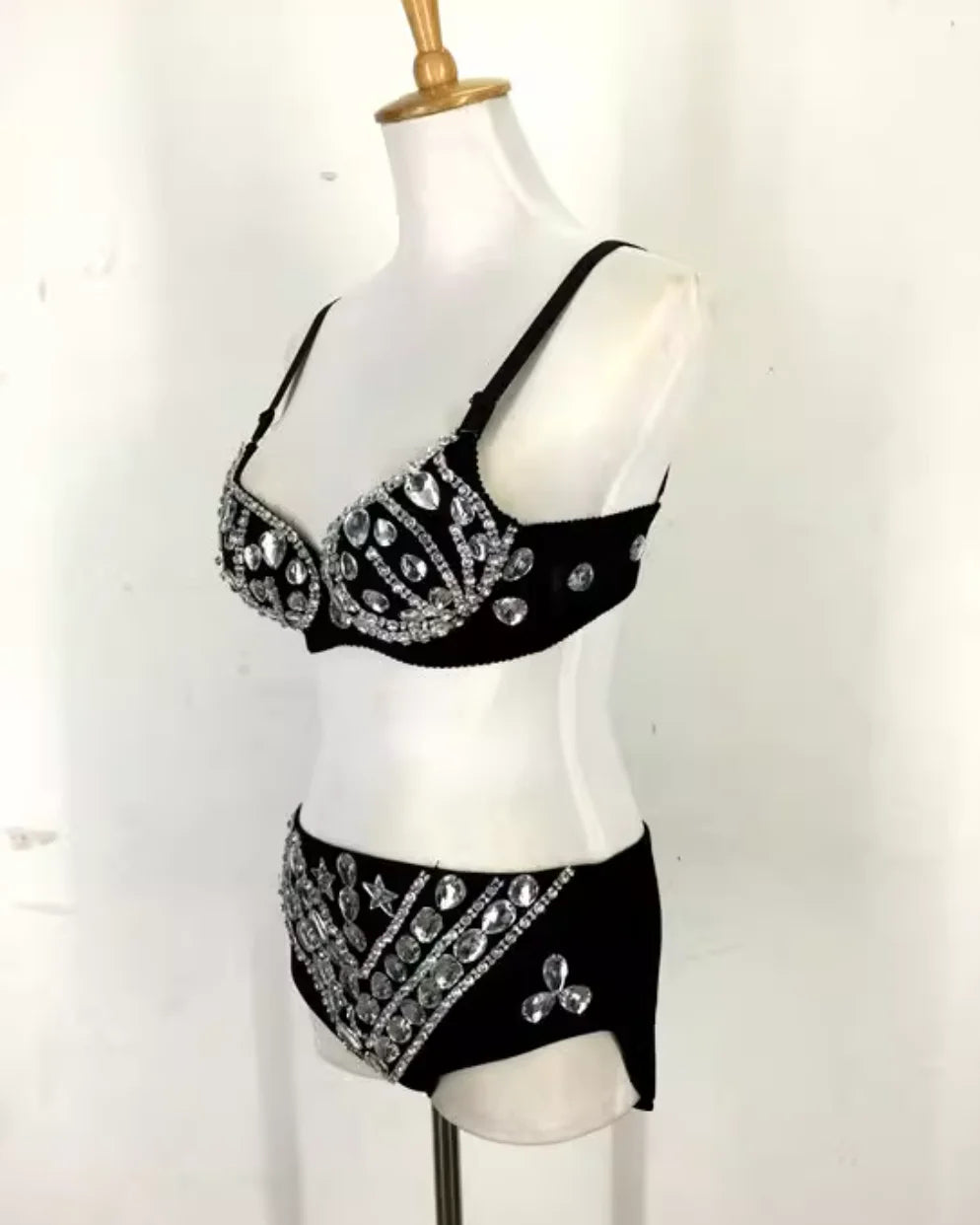 Rhinestone Bikini Bra & High-Waist Shorts 2-Piece Performance Costume Set