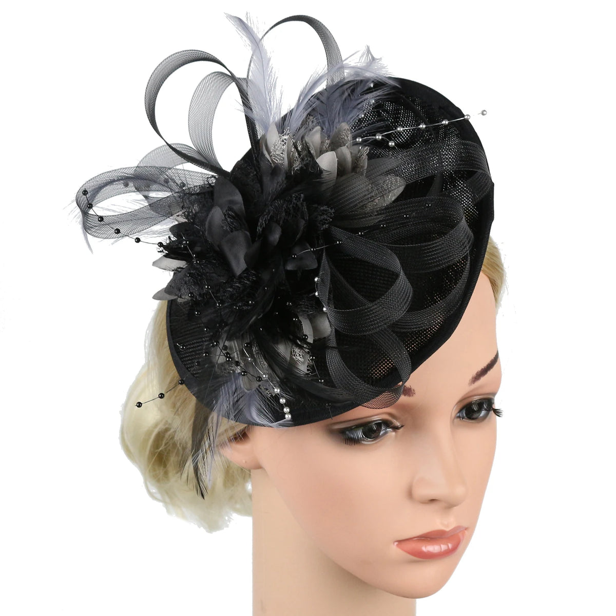 Feather Flower Mesh Fascinator with Clip & Headband